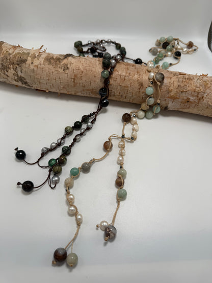 Long Freshwater Pearl & Gemstone Silk Lariat Necklace