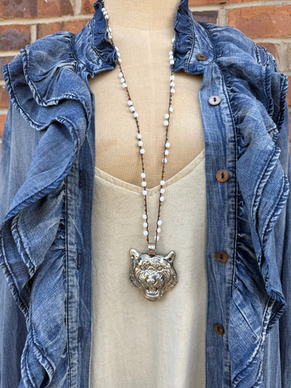 Carved Tiger Face Necklace on Knotted Gemstone Chain