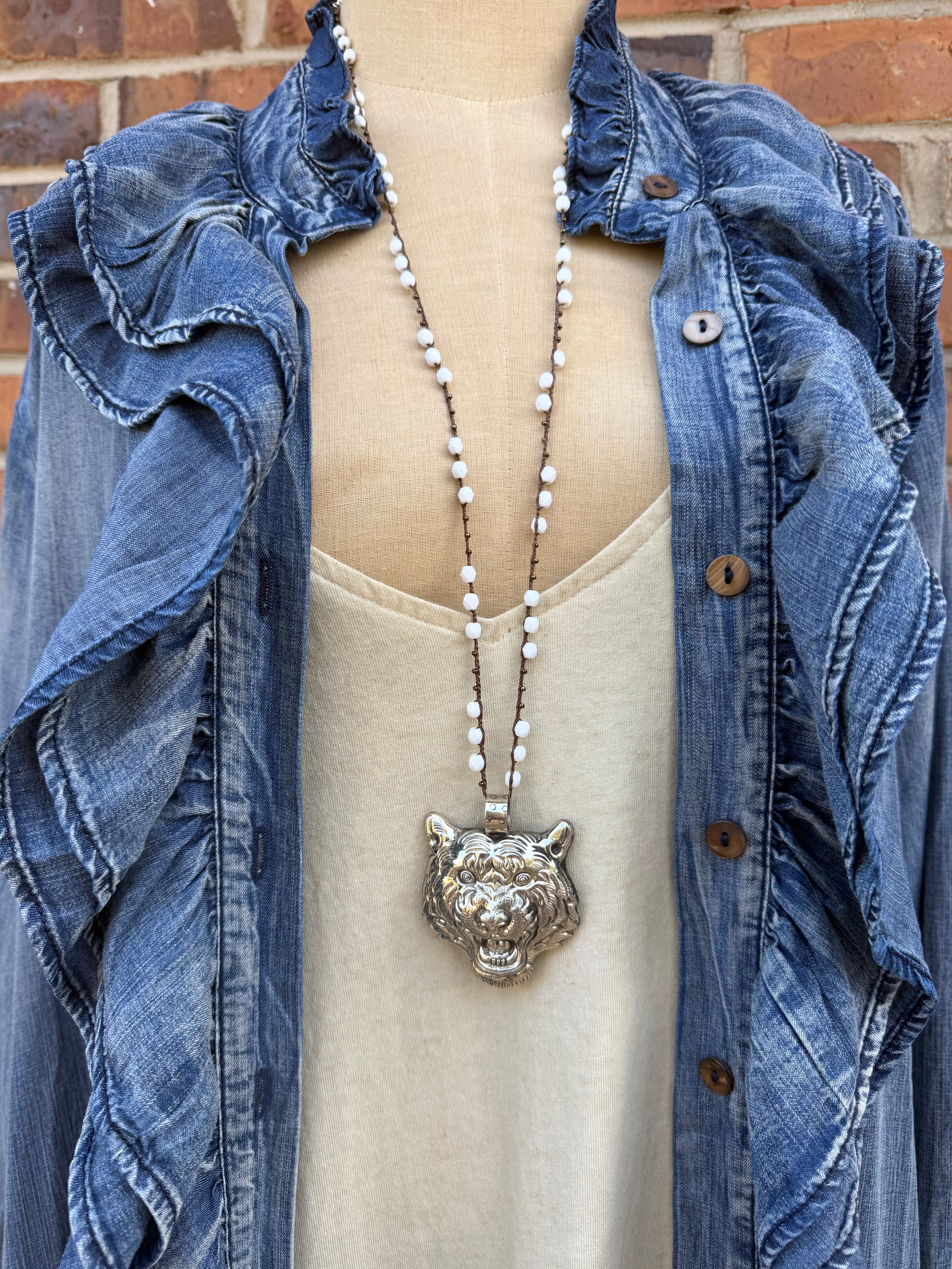 Carved Tiger Face Necklace on Knotted Gemstone Chain