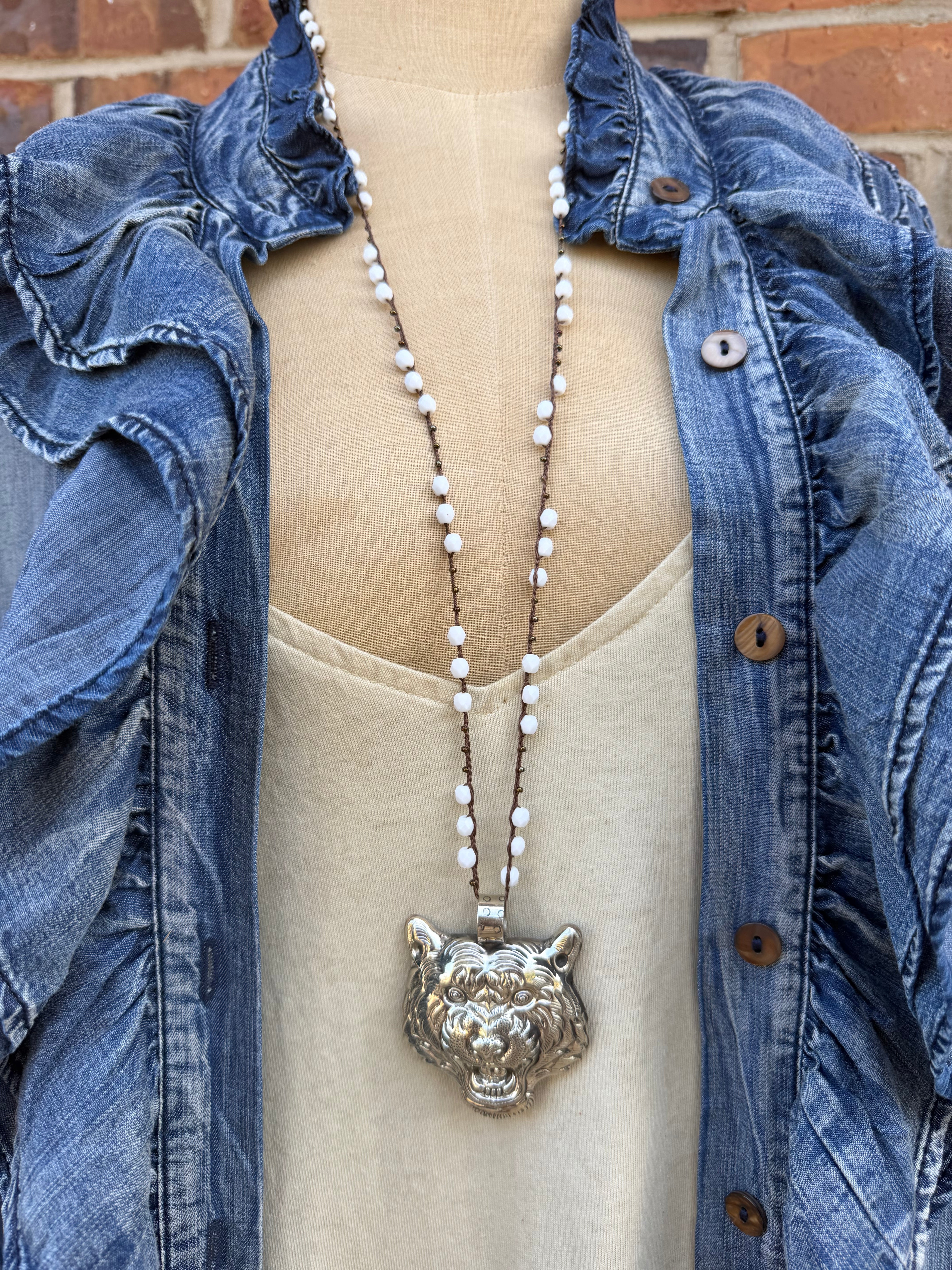 Carved Tiger Face Necklace on Knotted Gemstone Chain
