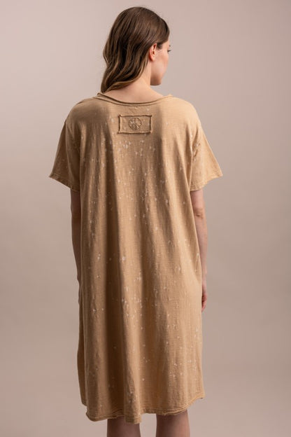 Round Neck Short Sleeve Embroidered Dress in Taupe