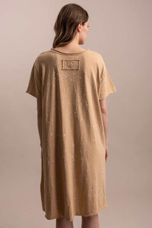 Round Neck Short Sleeve Embroidered Dress in Taupe
