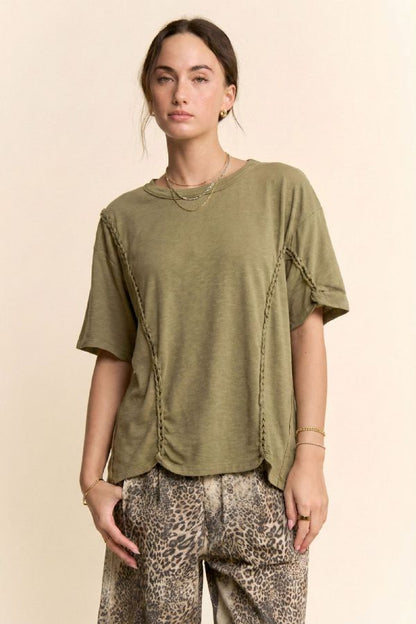 Braided Seam Detailed Drop Shoulder Top in Olive
