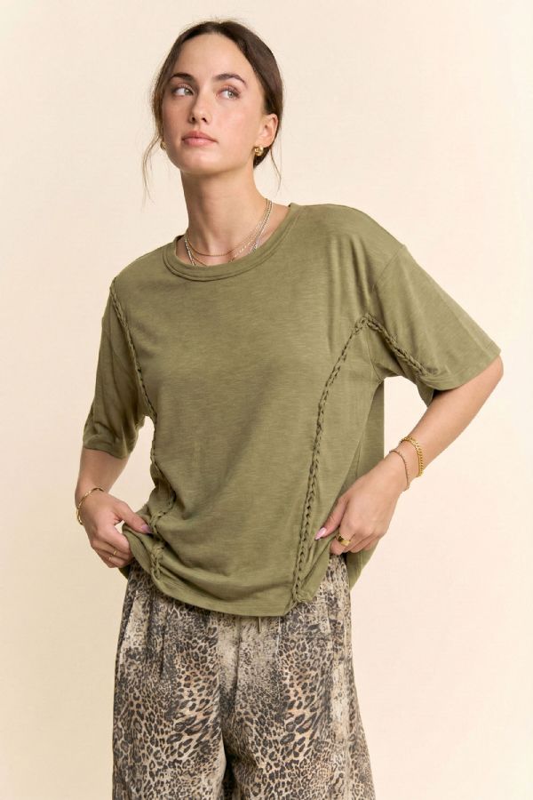 Braided Seam Detailed Drop Shoulder Top in Olive