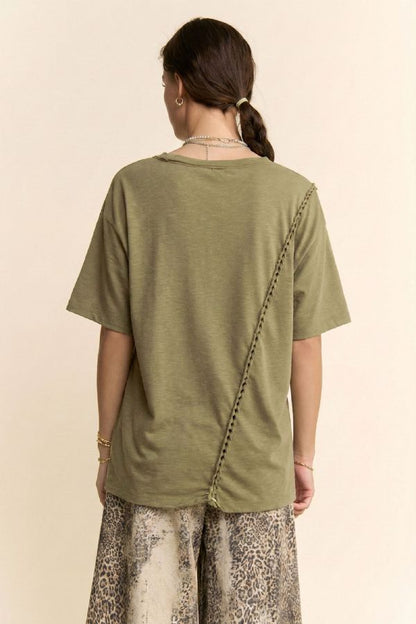 Braided Seam Detailed Drop Shoulder Top in Olive