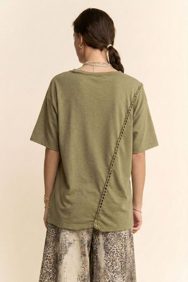 Braided Seam Detailed Drop Shoulder Top in Olive