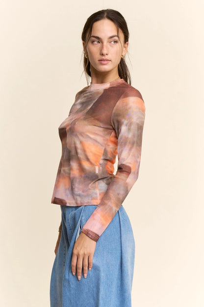 Sheer Long Sleeve Top in Orange