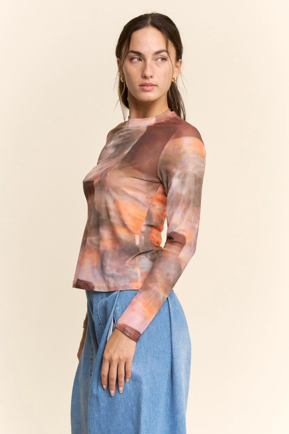 Sheer Long Sleeve Top in Orange