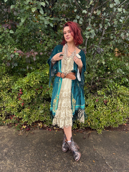Final Sale - Unique Vintage 1930s Green Art Nouveau Fringe Kimono: One Size