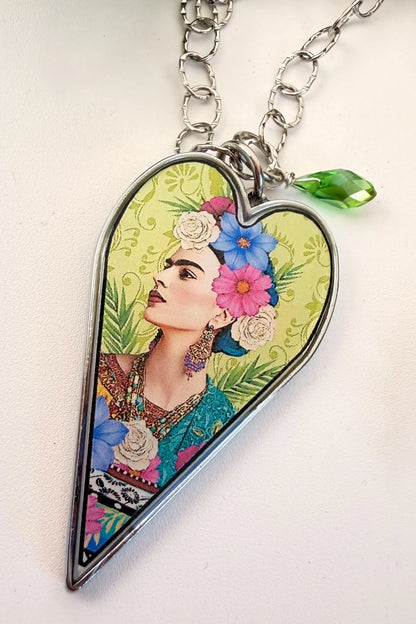 Spirit Lala: Long Heart Green Floral Frida Necklace