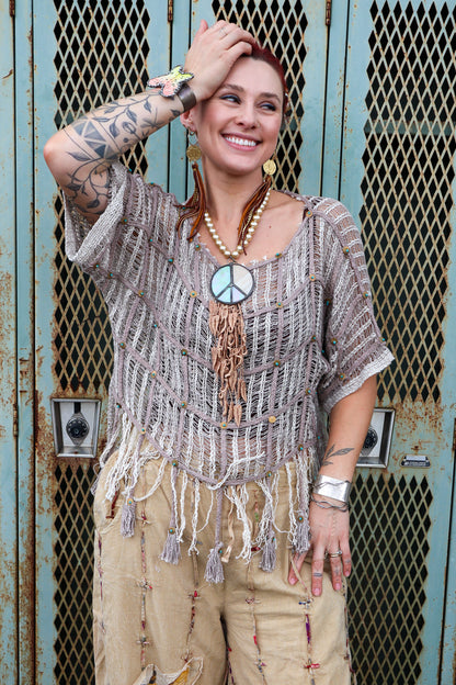Summer Breeze Boho Tassel Rivet Accent Round Neck Short Sleeve