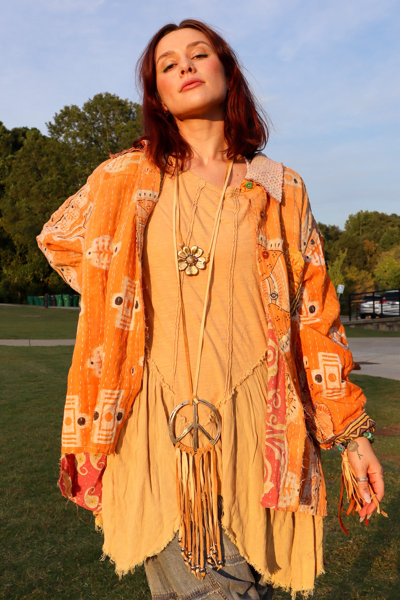 Peace & Love Metal Hammered Peace Sign Necklace on Deer Skin Leather