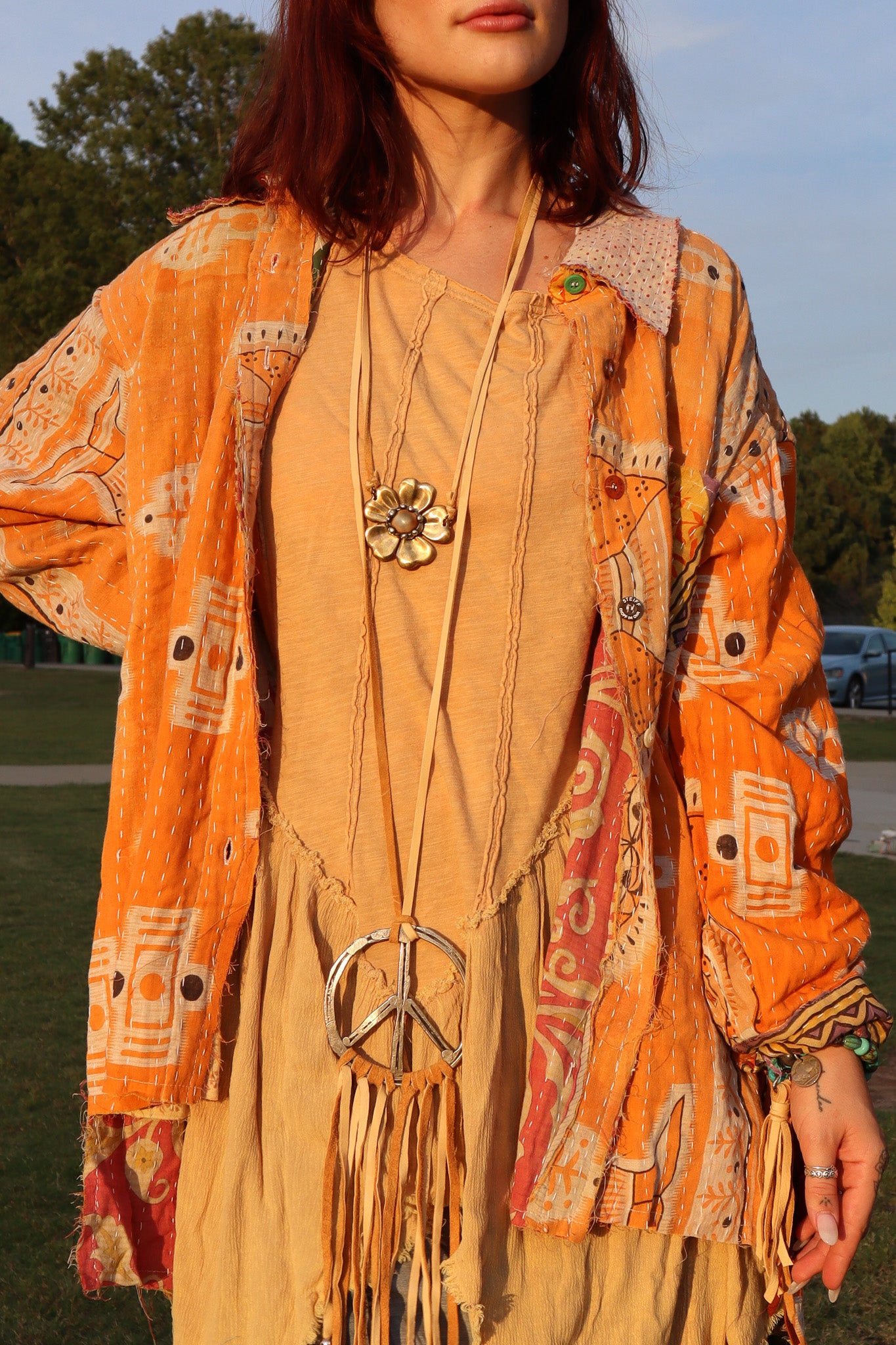 Peace & Love Metal Hammered Peace Sign Necklace on Deer Skin Leather