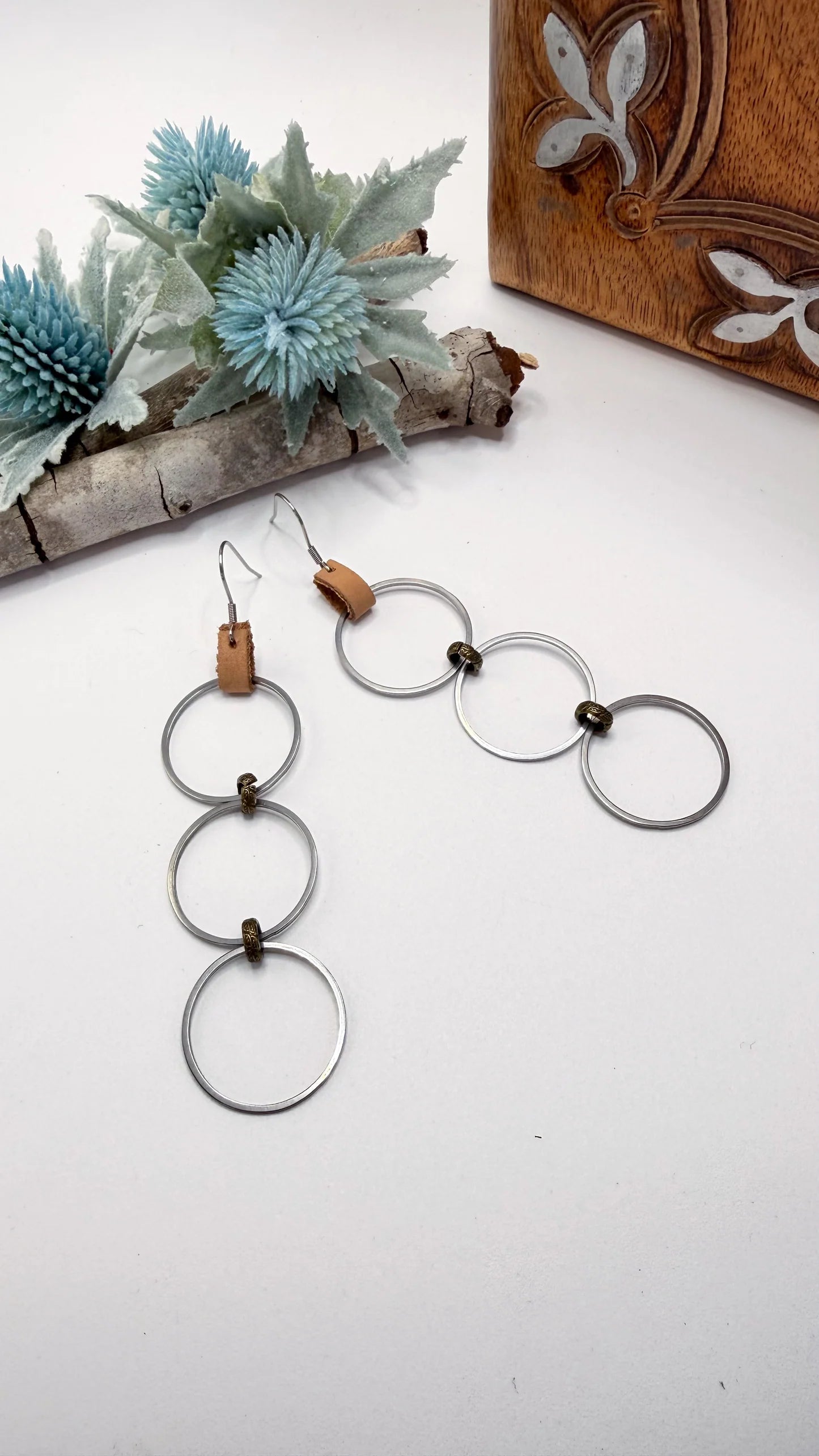 Triple Ring Leather Earrings