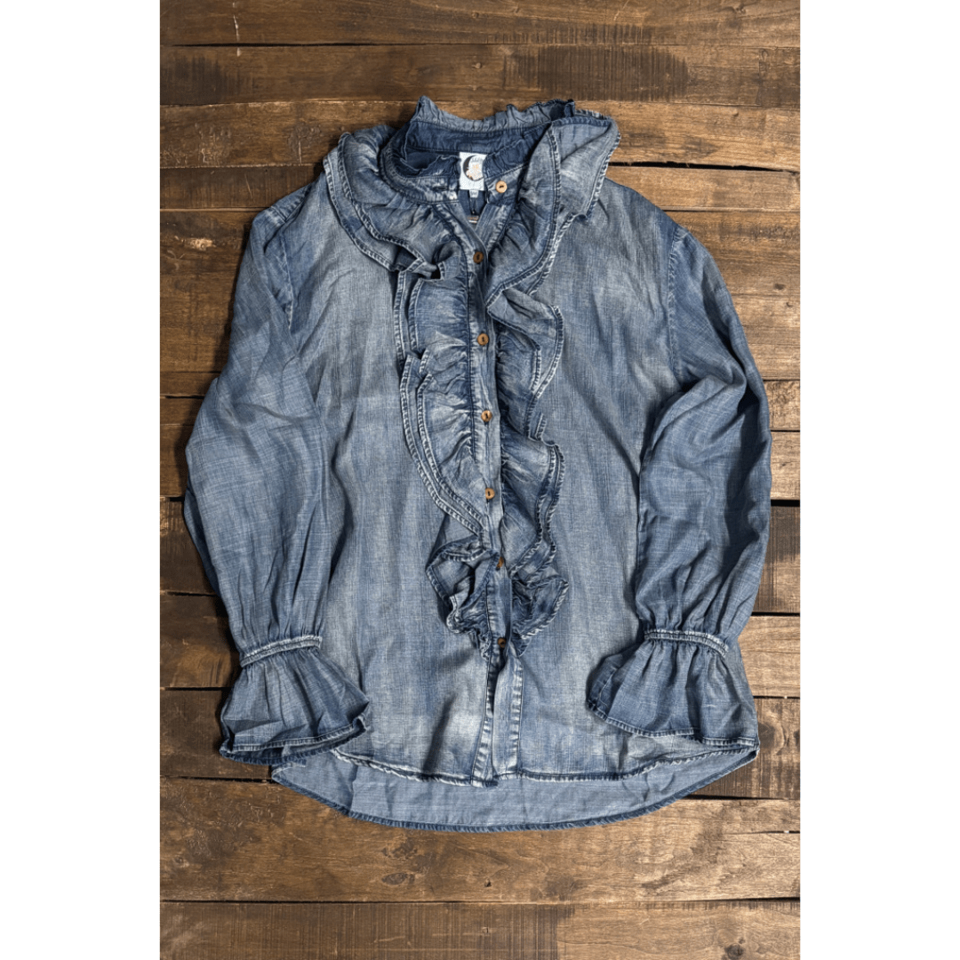A Ruffle In Time Top in Chambray Denim - ivyandlavyboutique Jaded Gypsy