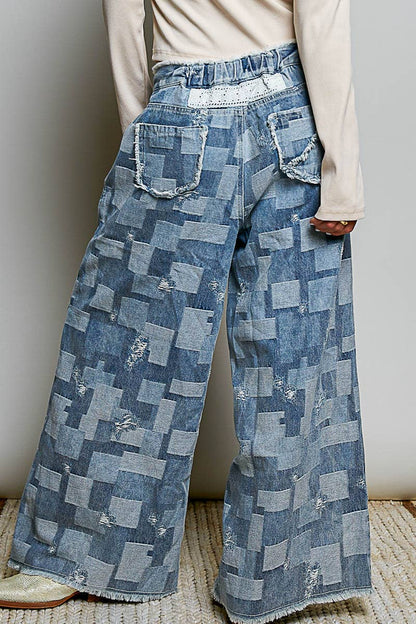 Floral Maze Vintage Patchwork Denim Floral Embroidered Wide Leg Pants