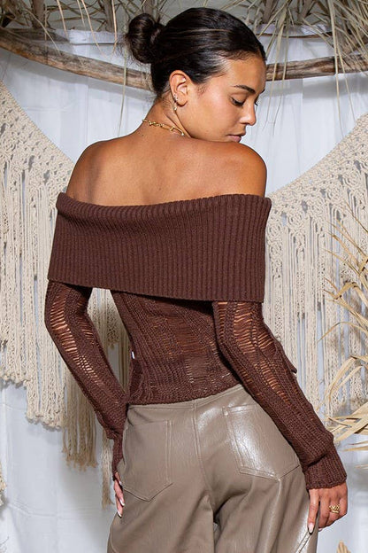 Laddered Off-Shoulder Ribbed Knit Sweater