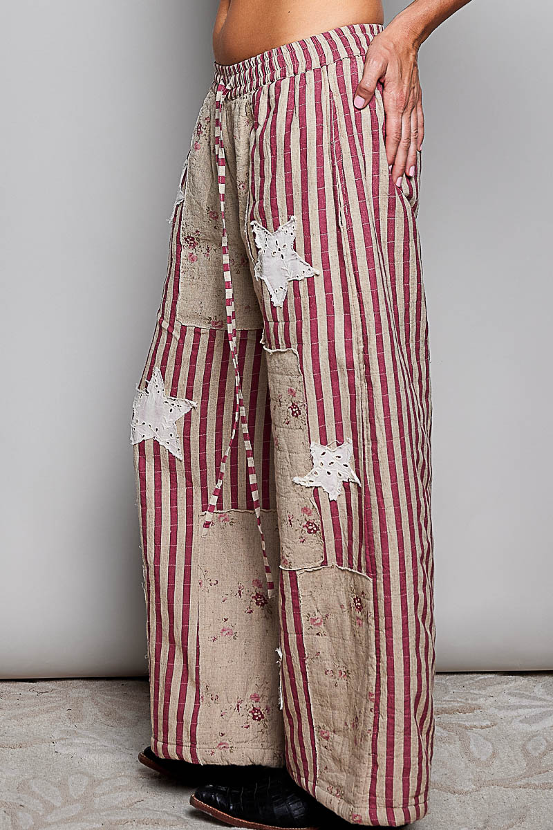 Preorder - Over the Moon Striped Lace Star Patchwork Quilted Waistband Wide Leg Pants