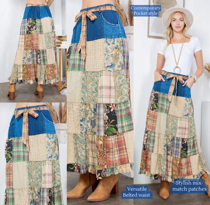 Betsys Western Boho Chic: Patchwork Belted Skirt