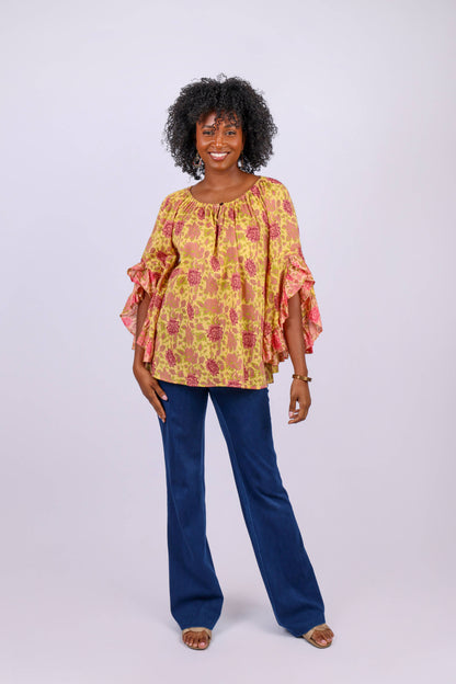 Lemon Floral Flair-Sleeve Blouse in Cotton Voile