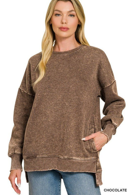 Acid Wash Fleece Ho-Low Hem Pullover in Chocolate - ivyandlavyboutique Zenana
