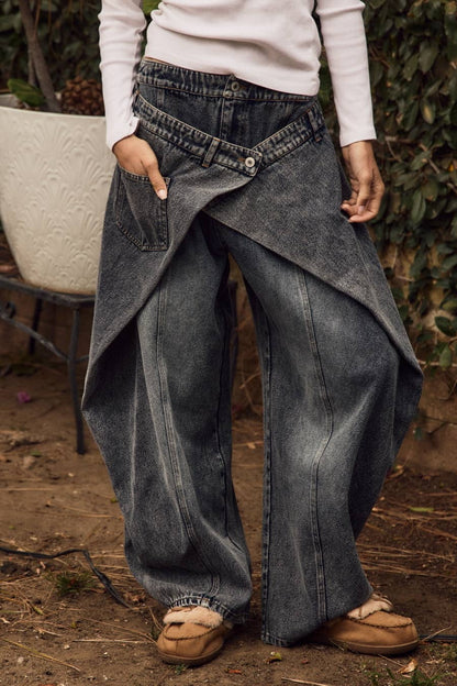 Wrap-layered Barrel Denim Pants