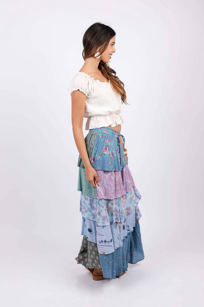Sage & Sky Patchwork Tiered Ruffel Skirt