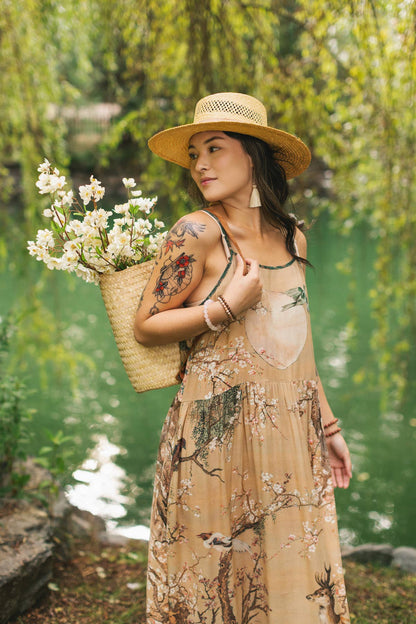 Fable Bohéme Long Maxi Slip Dress w/ Blossoms, Deer & Moon