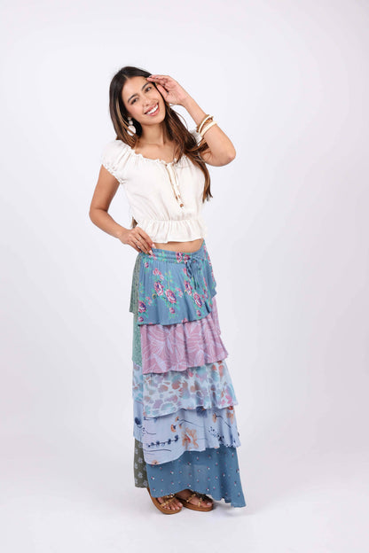 Sage & Sky Patchwork Tiered Ruffel Skirt