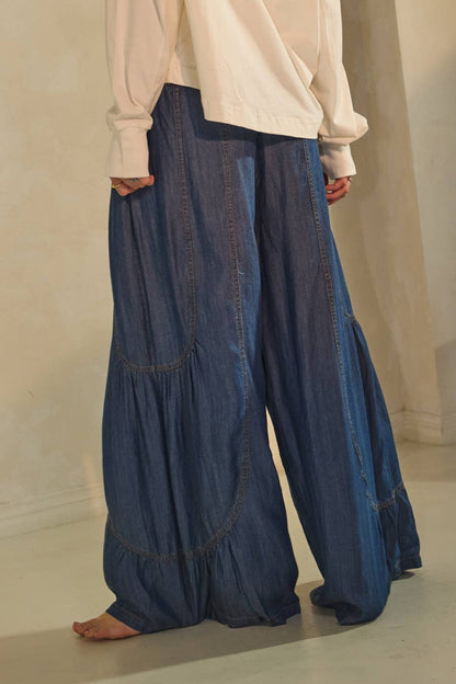 Chambray Denim Wide Palazzo Pants: Washed Dark Chambray