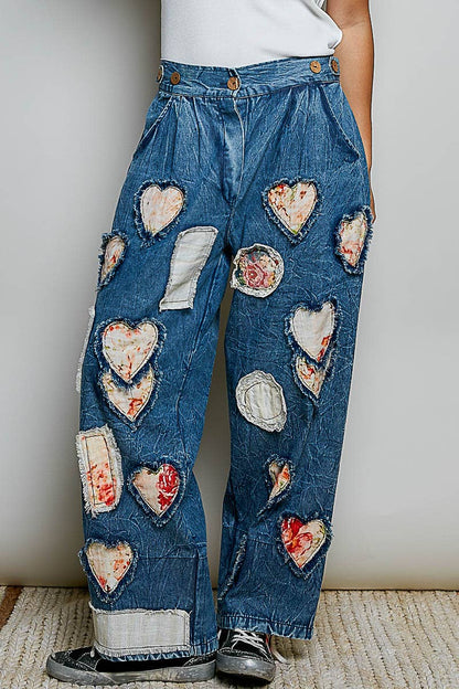 After your Heart Patch Elastic Waistband Adjustable Button Woven Pants - ivyandlavyboutique Pol Clothing