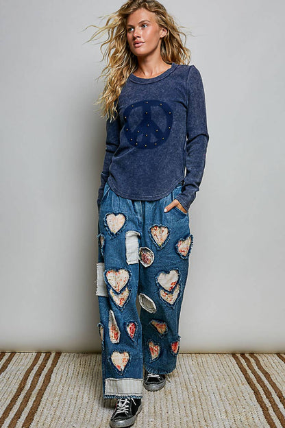 After your Heart Patch Elastic Waistband Adjustable Button Woven Pants - ivyandlavyboutique Pol Clothing