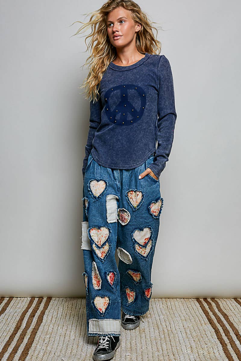 After your Heart Patch Elastic Waistband Adjustable Button Woven Pants - ivyandlavyboutique Pol Clothing