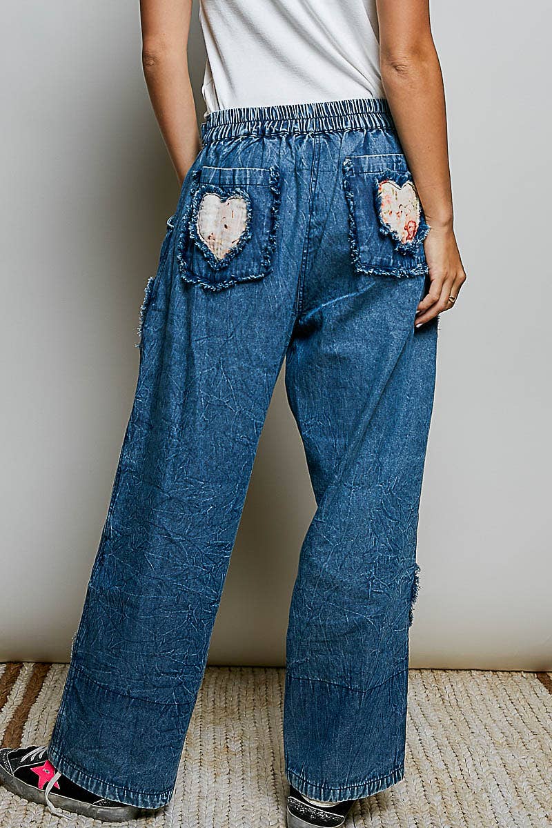 After your Heart Patch Elastic Waistband Adjustable Button Woven Pants - ivyandlavyboutique Pol Clothing