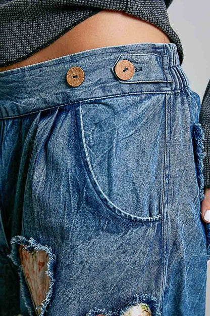 After your Heart Patch Elastic Waistband Adjustable Button Woven Pants - ivyandlavyboutique Pol Clothing