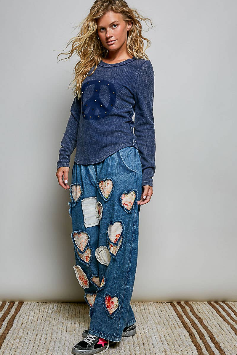 After your Heart Patch Elastic Waistband Adjustable Button Woven Pants - ivyandlavyboutique Pol Clothing