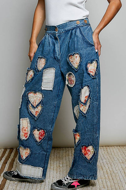 After your Heart Patch Elastic Waistband Adjustable Button Woven Pants - ivyandlavyboutique Pol Clothing