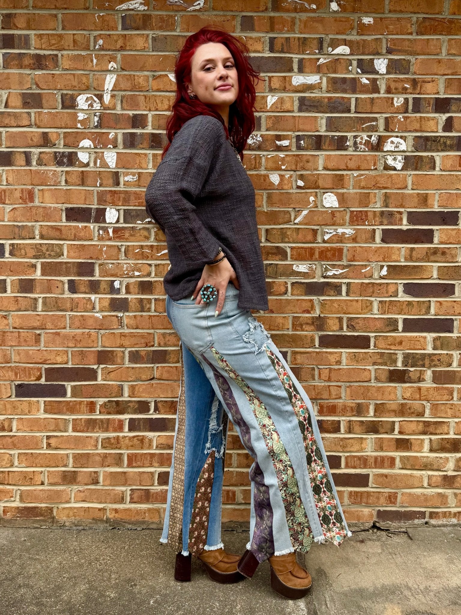 All Tied Up - Abstract One of a Kind Denim Flare Pant - ivyandlavyboutique A Rare Bird Shop