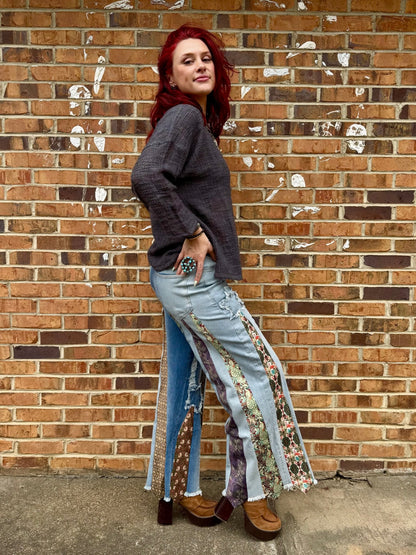All Tied Up - Abstract One of a Kind Denim Flare Pant - ivyandlavyboutique A Rare Bird Shop
