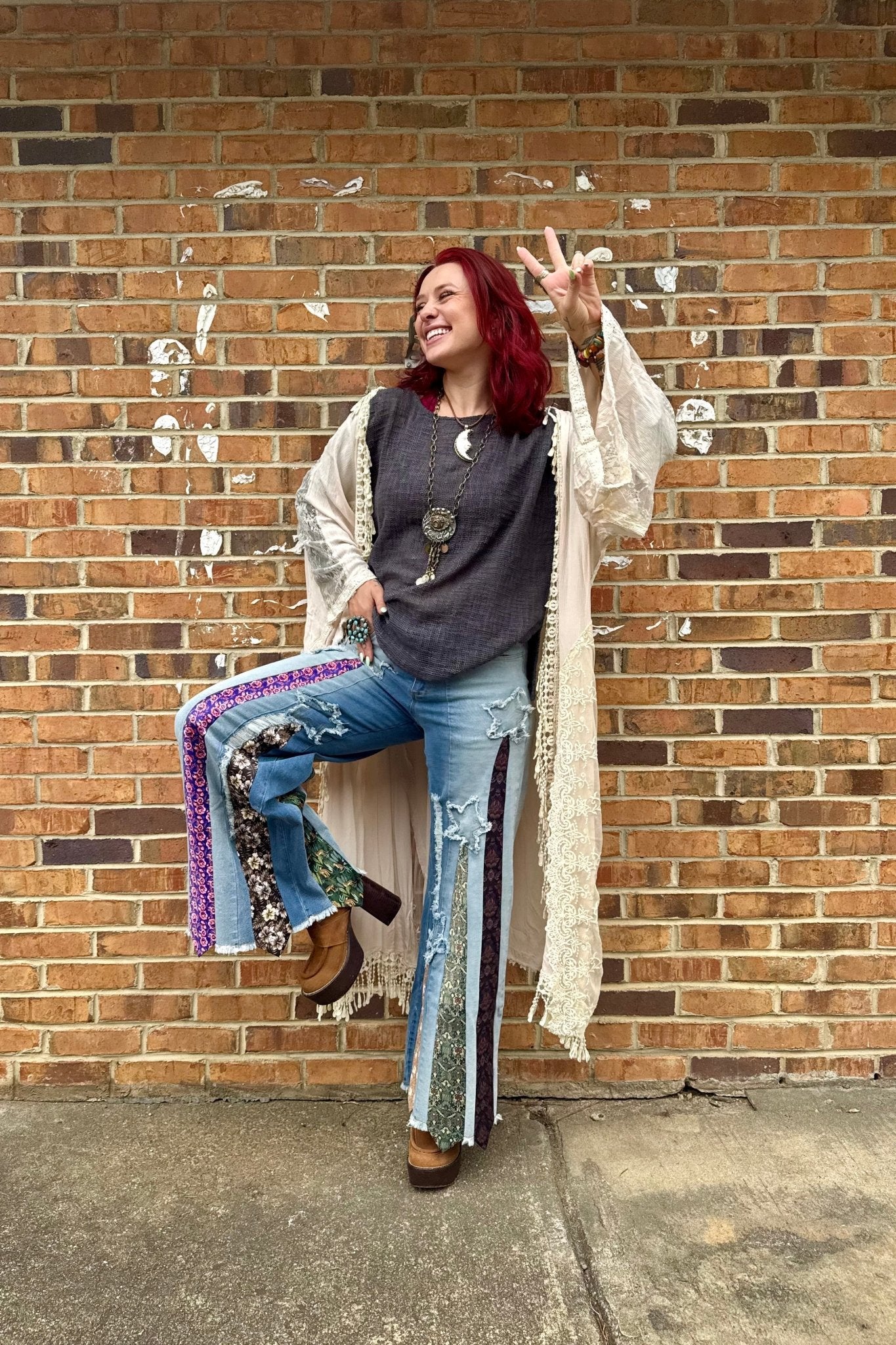 All Tied Up - Abstract One of a Kind Denim Flare Pant - ivyandlavyboutique A Rare Bird Shop