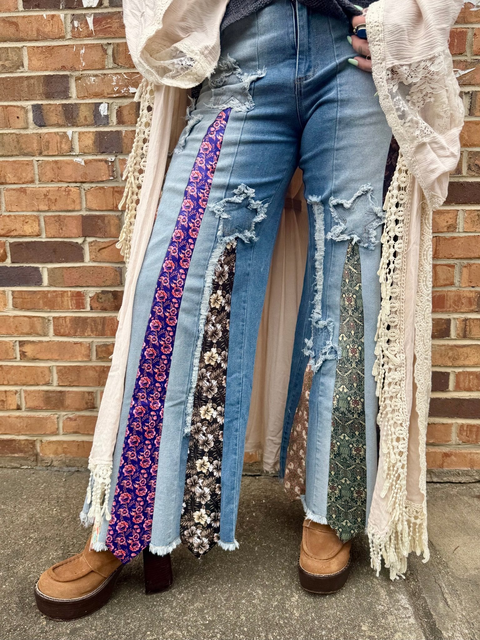 All Tied Up - Abstract One of a Kind Denim Flare Pant - ivyandlavyboutique A Rare Bird Shop