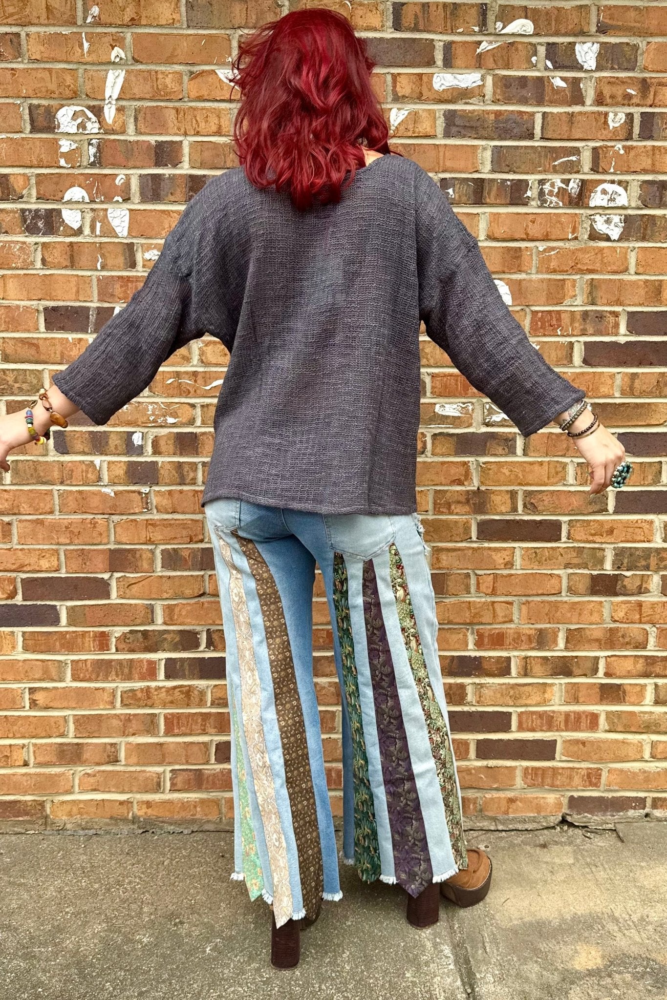 All Tied Up - Abstract One of a Kind Denim Flare Pant - ivyandlavyboutique A Rare Bird Shop