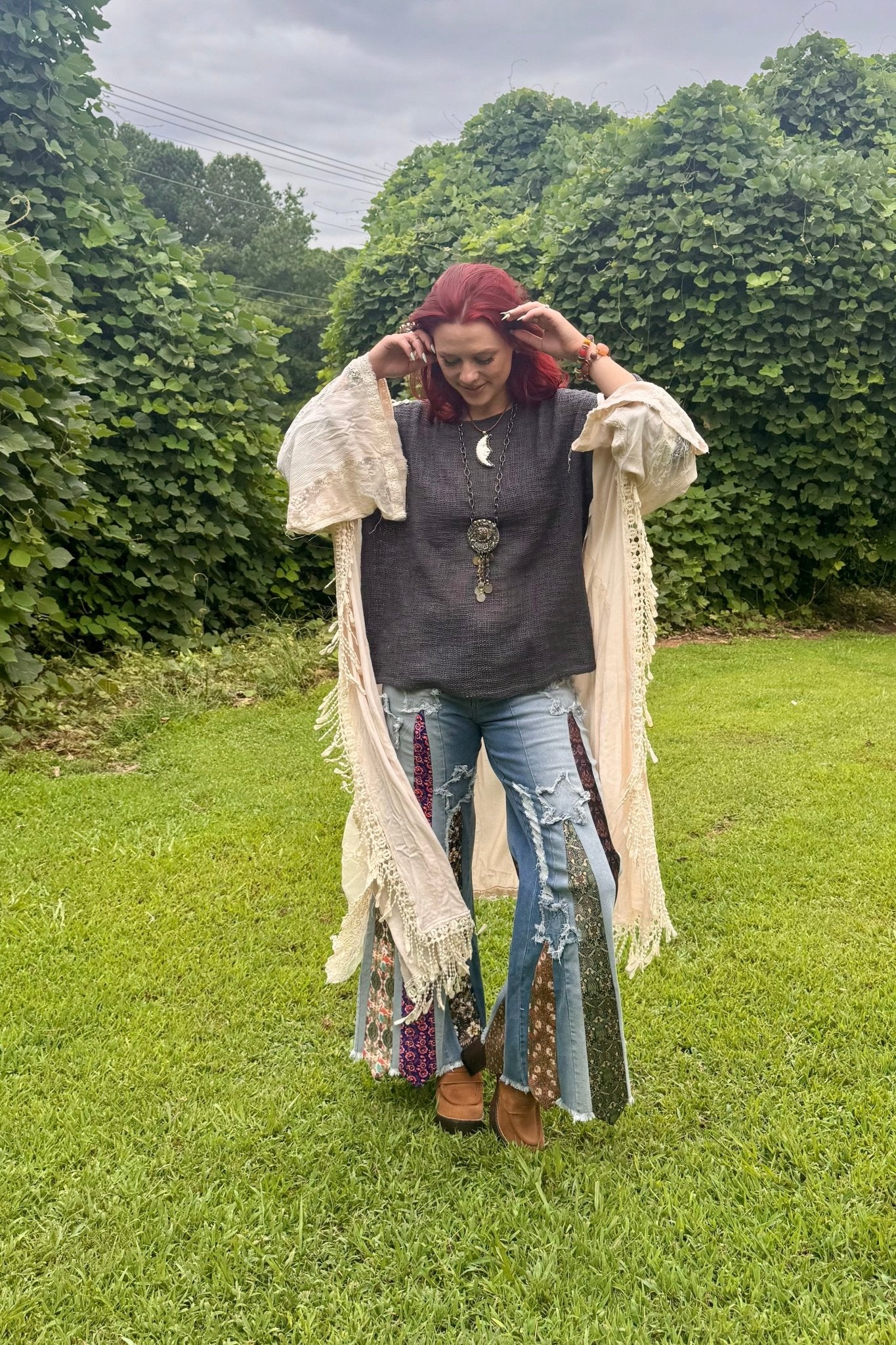 All Tied Up - Abstract One of a Kind Denim Flare Pant - ivyandlavyboutique A Rare Bird Shop