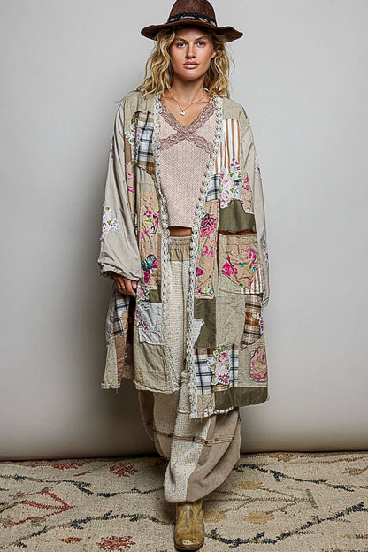 Anastasia Lace Trim Patchwork Applique Accents Maxi Cardigan - ivyandlavyboutique Pol Clothing