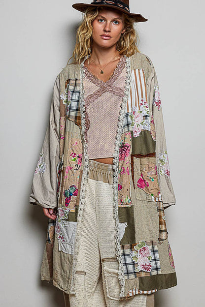Anastasia Lace Trim Patchwork Applique Accents Maxi Cardigan - ivyandlavyboutique Pol Clothing