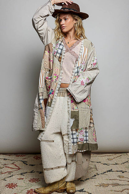 Anastasia Lace Trim Patchwork Applique Accents Maxi Cardigan - ivyandlavyboutique Pol Clothing