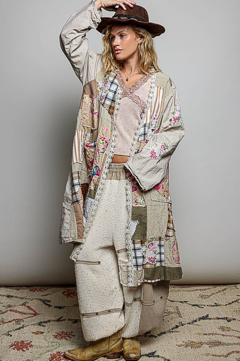 Anastasia Lace Trim Patchwork Applique Accents Maxi Cardigan - ivyandlavyboutique Pol Clothing