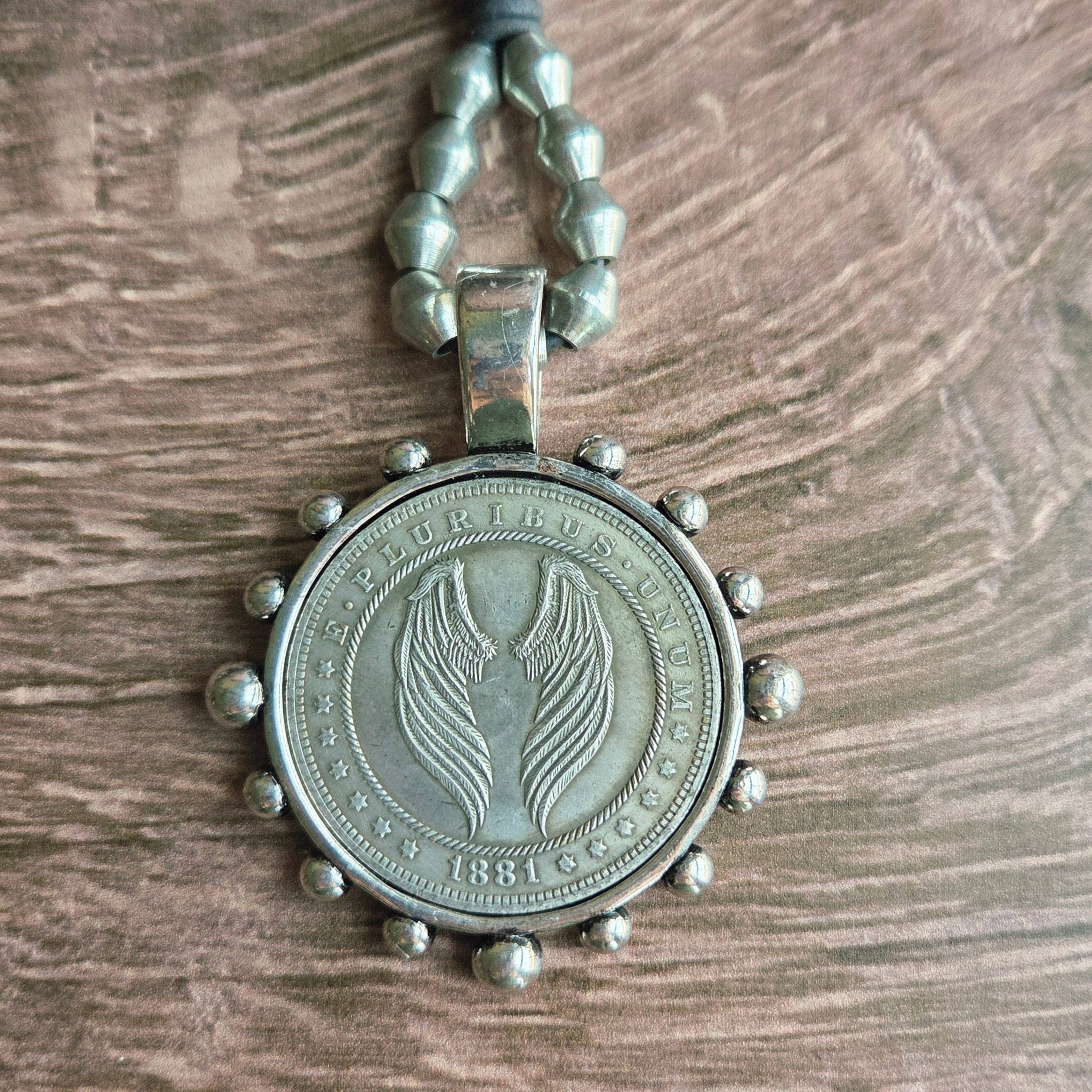 Angel Wing Coin in Silver Bezel Beaded Necklace - ivyandlavyboutique ZINC Designs