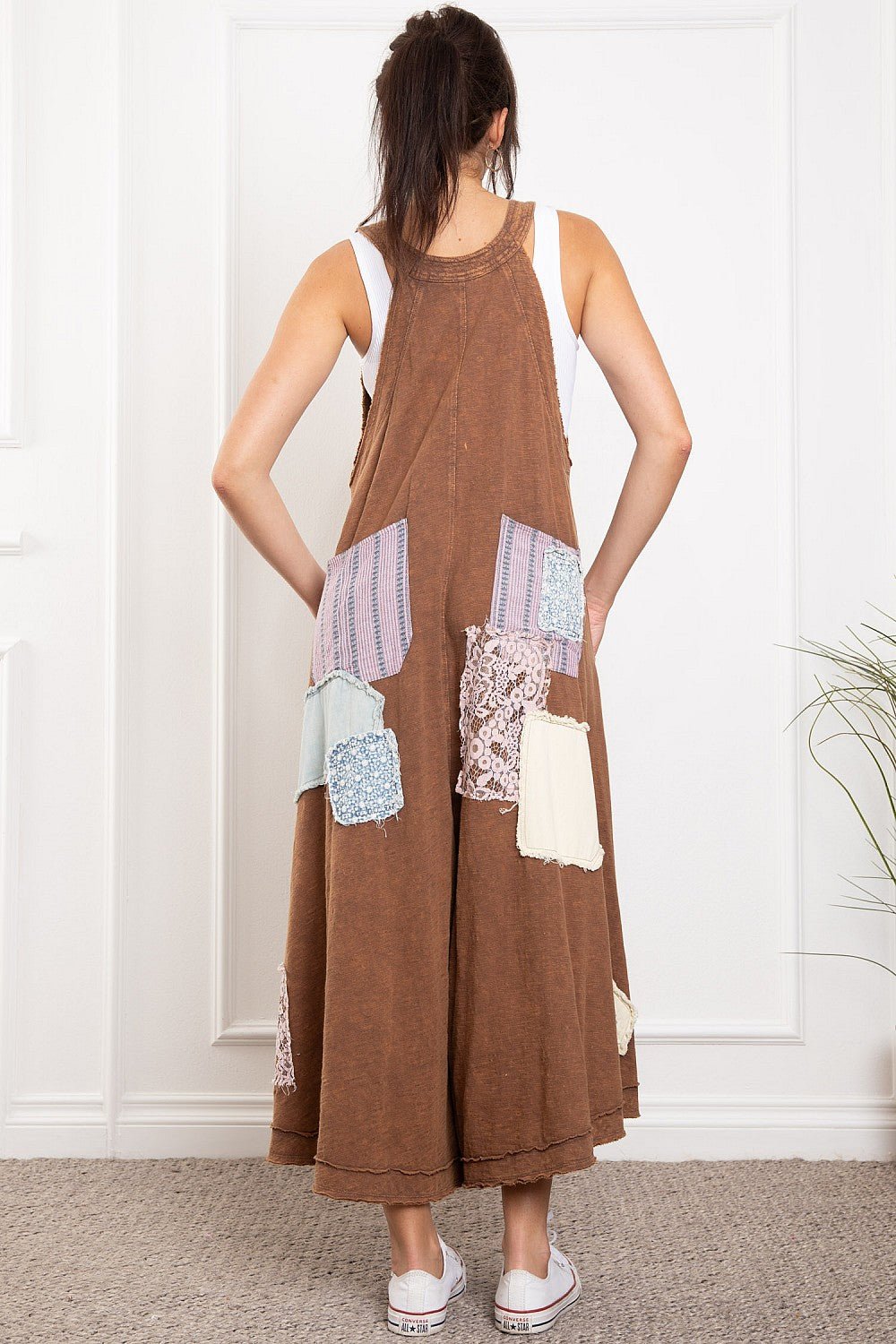 Annabell Swing Deep V Patched Wide Leg jumpsuit Overall - ivyandlavyboutique Blue Velvet