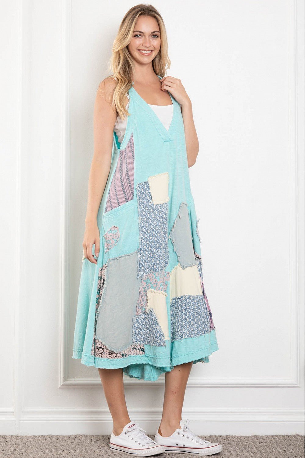 Annabell Swing Deep V Patched Wide Leg jumpsuit Overall - ivyandlavyboutique Blue Velvet